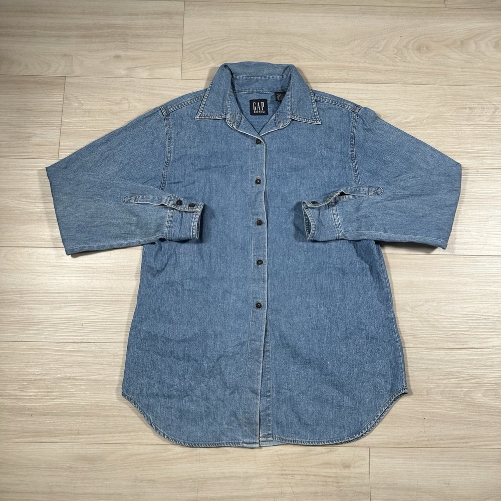 VINTAGE Gap Shirt Mens Medium Blue Denim Long Sleeve Button Up Cotton Hong Kong